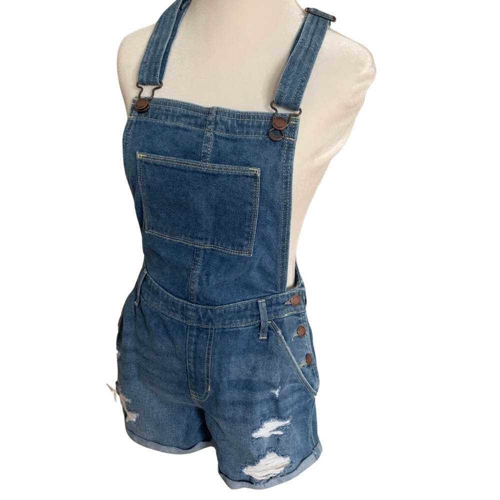 Hollister High Rise Mom Short Blue Distressed Denim Overalls Size Small